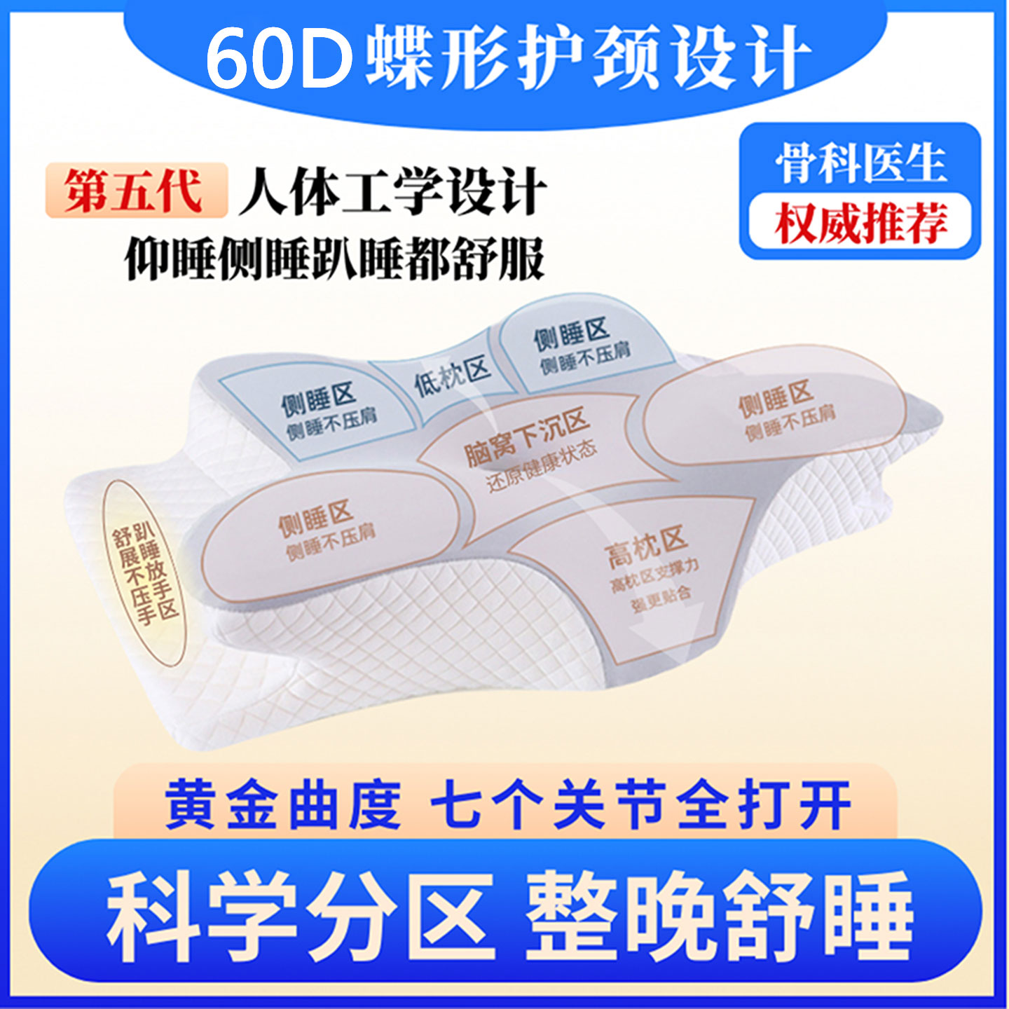 人体工学枕头护颈椎助睡眠侧睡专用慢回弹记忆棉枕芯可拆洗蝶形枕