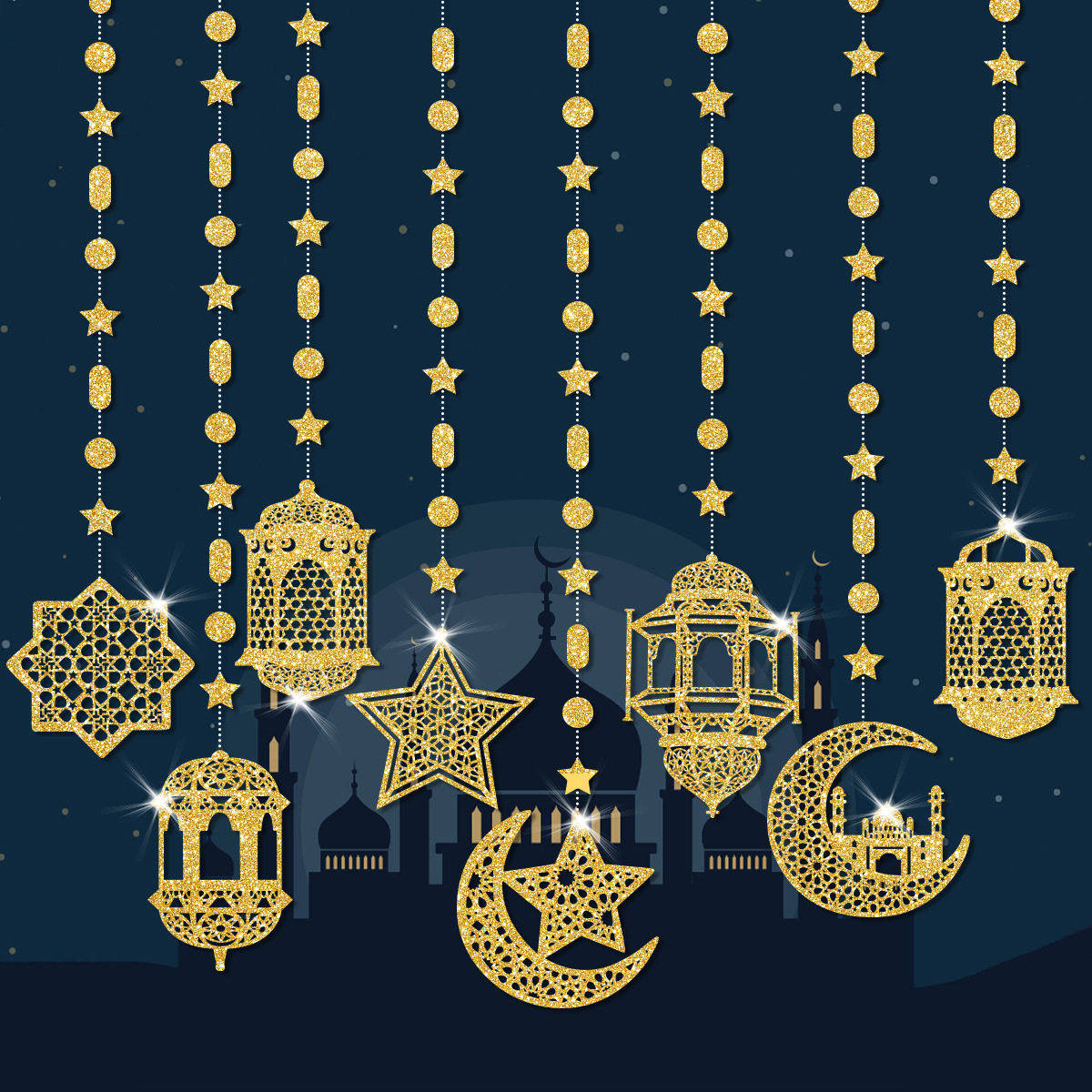 跨境中东节日挂饰星星月亮拉花挂件派对场景布置灯笼吊饰8pc,节庆用品/礼品,拉花,淘宝优惠券,粉丝福利购,淘宝优惠卷