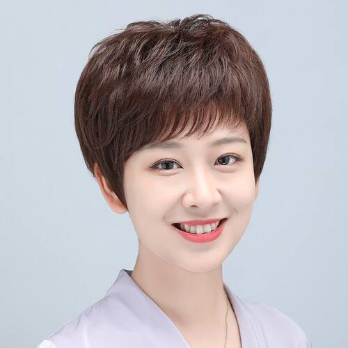 许昌假发女短发真人发丝发套真发全头套自然纹理烫妈妈中老年女士