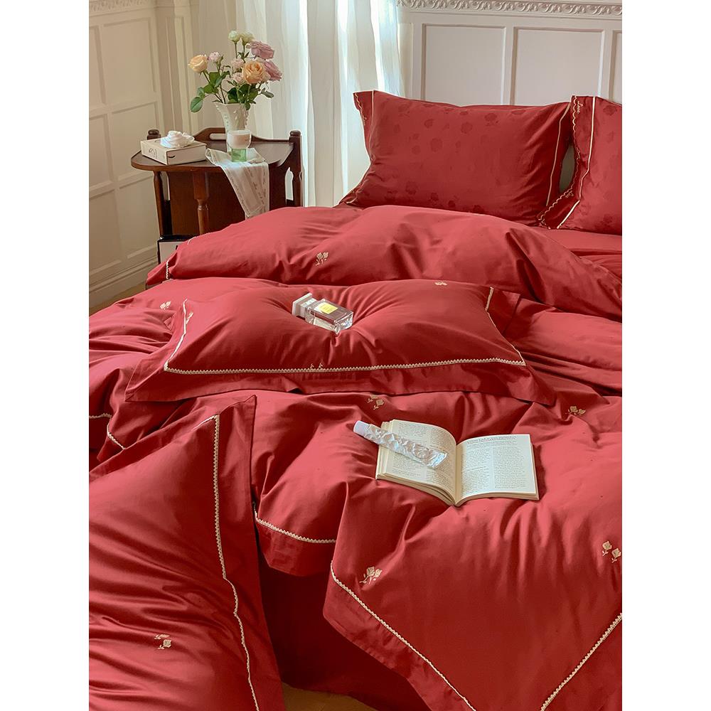 恒洽家纺浪漫婚庆全棉床单四件套100支结婚色织提花被套床上用品