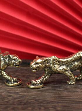 纯黄铜做旧实心金钱豹家居摆饰装饰办公室桌面茶宠摆件手把玩件