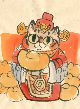 原创插画手稿原件猫猫财神招财猫系列轻松小品猫猫画