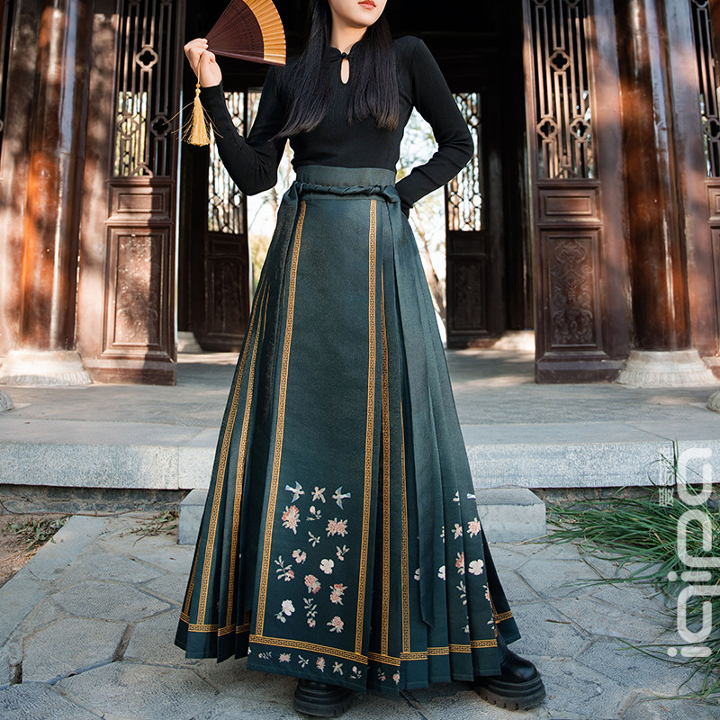 爱奇葩iqipa 原创马面裙缂丝花鸟图古画系列女典雅日常汉服半身裙