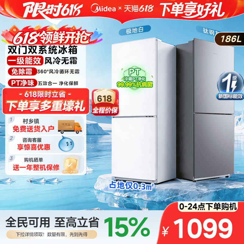 美的196超薄双开两门家用小户型出租屋冰箱一级节能省电风冷无霜