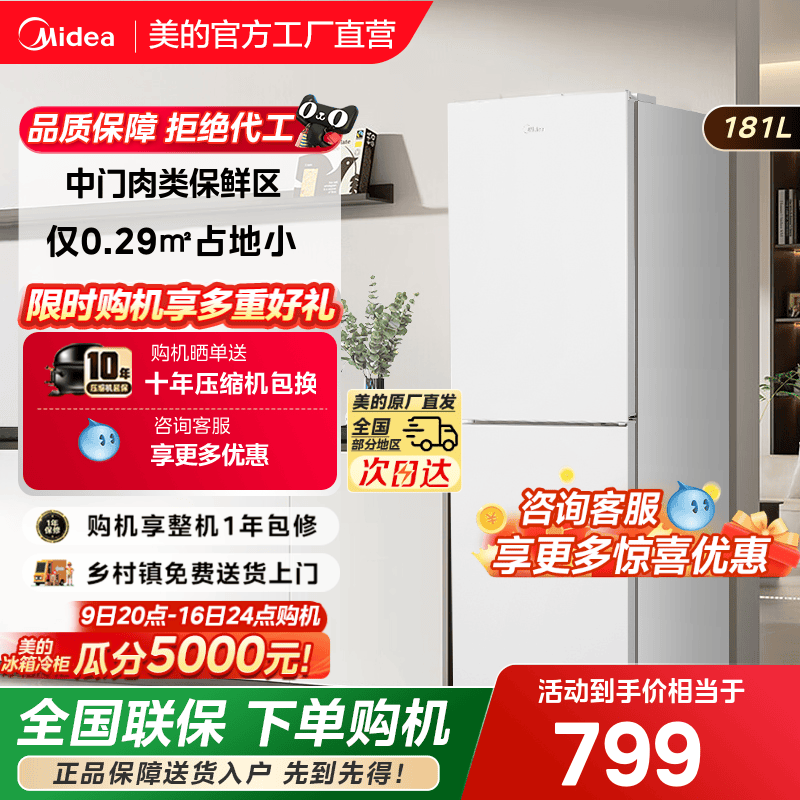 美的190双开门两门白色家用小型宿舍租房超薄电冰箱节能省电官方