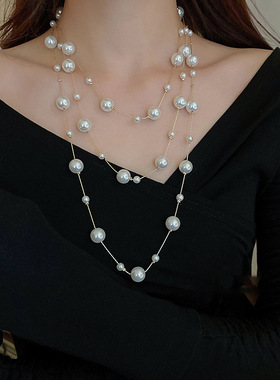 法式复古多层珍珠毛衣链女新款