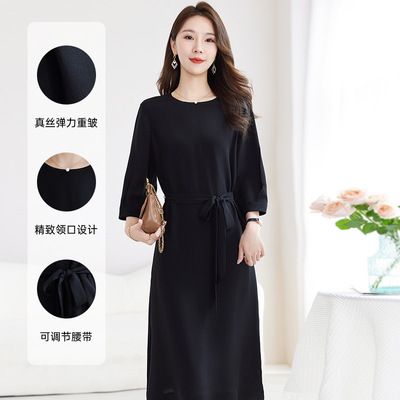 水墨【弹力重皱】文艺素雅气质休闲中长裙夏季设计感连衣裙女8786