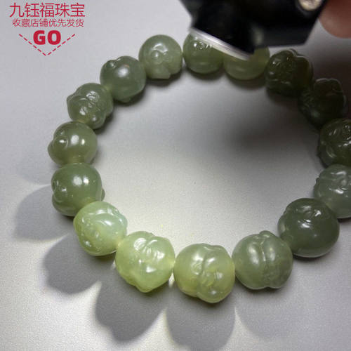 天然和田玉弥勒佛头手链女款湖水绿玉石手饰圈笑佛手串礼品