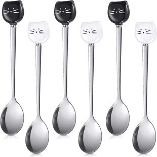 2025新款日韩陶瓷猫咪儿童甜品勺创意不锈钢长柄搅拌勺可爱小工具