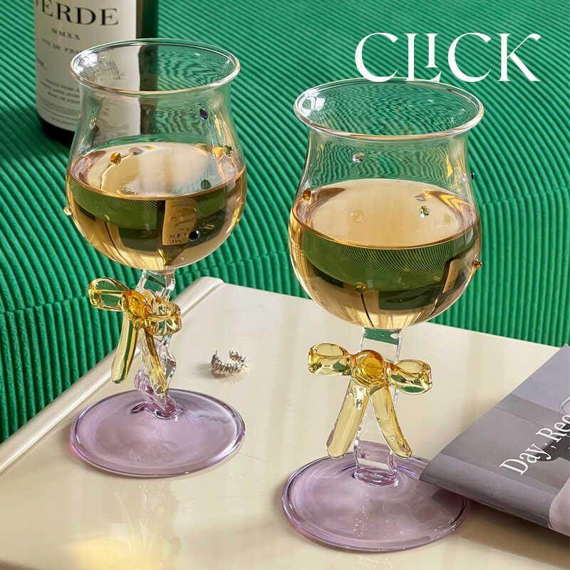 click手工玻璃蝴蝶结高颜值高脚杯香槟红酒鸡尾酒杯ins风可爱礼物