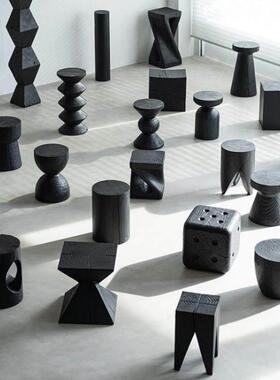 碳化木墩黑色实木凳子原木墩子坐凳木头树桩摆件创意木桩异形圆凳