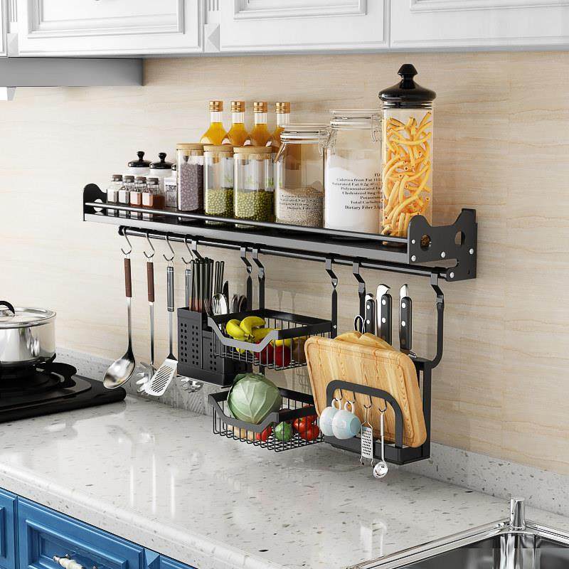 黑色免打孔厨房挂件套餐置物架壁挂式304不锈钢调料架碗碟收纳架,厨房/烹饪用具,厨房置物架/置物柜/角架,淘宝优惠券,粉丝福利购,淘宝优惠卷