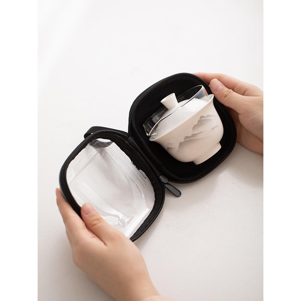 羊脂玉瓷便携式旅行茶具套装快客杯一壶三杯随身户外盖碗功夫茶杯