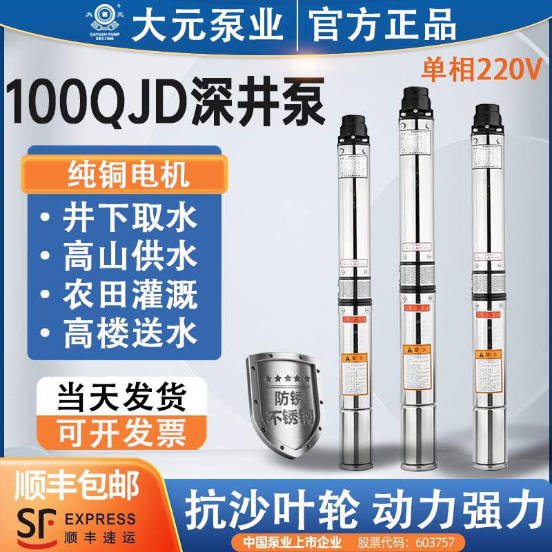大元100QJD深井泵220V不锈钢家用井用高扬程灌溉潜水泵螺杆抽水泵