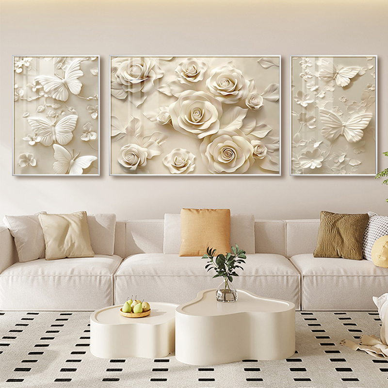 盈浩现代简约奶油风花卉客厅三联画立体感沙发背景墙装饰挂画壁画图片