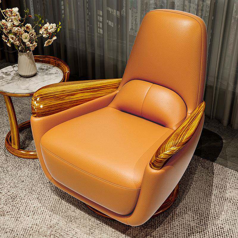 新中式乌金木旋转休闲椅家用别墅客厅单人椅现代实木真皮沙发椅