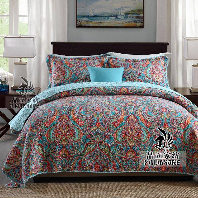 高档印花双面纯棉床盖四件通用可水洗床上用品外贸绗缝被