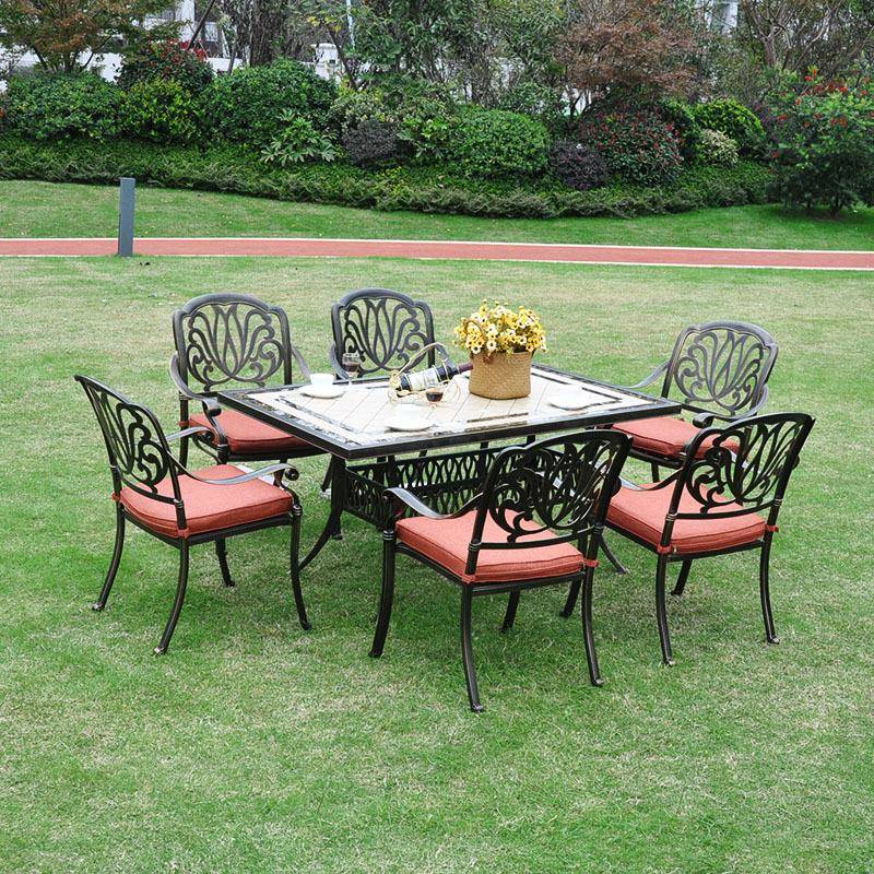 户外铸铝铁艺组合桌椅7件套室外欧式高端庭院花园金属长方形餐桌