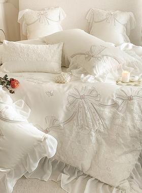 A6L仙气法式100支长绒棉四件套纯棉公主风刺绣被套白色床上