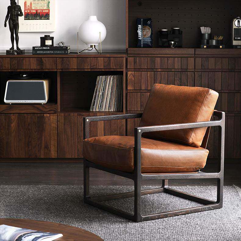 北欧后现代实木单人休闲椅客厅沙发家具样板间别墅真皮单人扶手椅