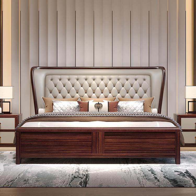 新中式乌金木实木床主卧1米8双人床高箱储物大床工厂直销软包婚床