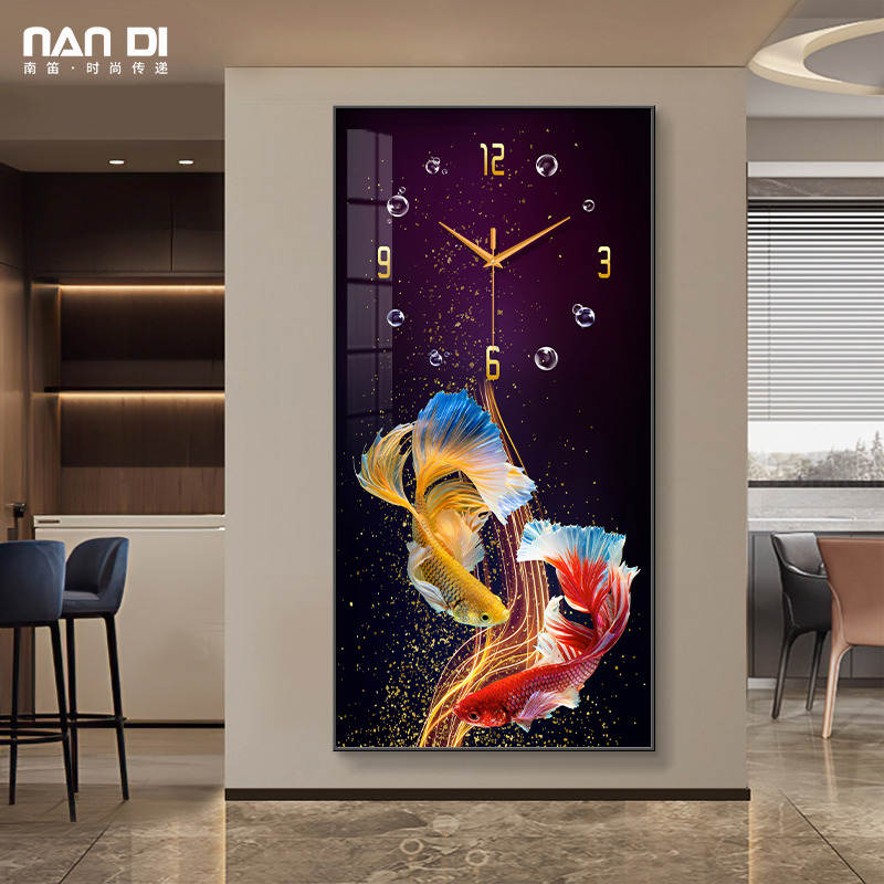 轻奢孔雀鱼玄关装饰画钟表挂钟客厅现代简约大气艺术时钟挂墙高级图片