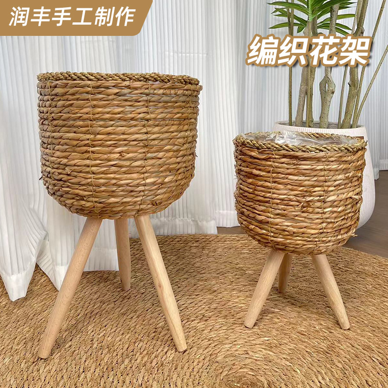 手工花篮 藤编草编实木花架客厅绿植架藤编花篮编织阳台落地花盆