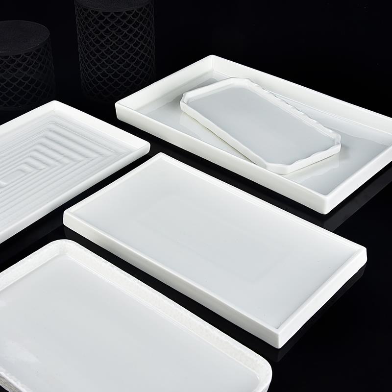 纯白色简约陶瓷长方盘饭店方形平底冷菜展示餐盘凉菜摆盘茶杯托盘