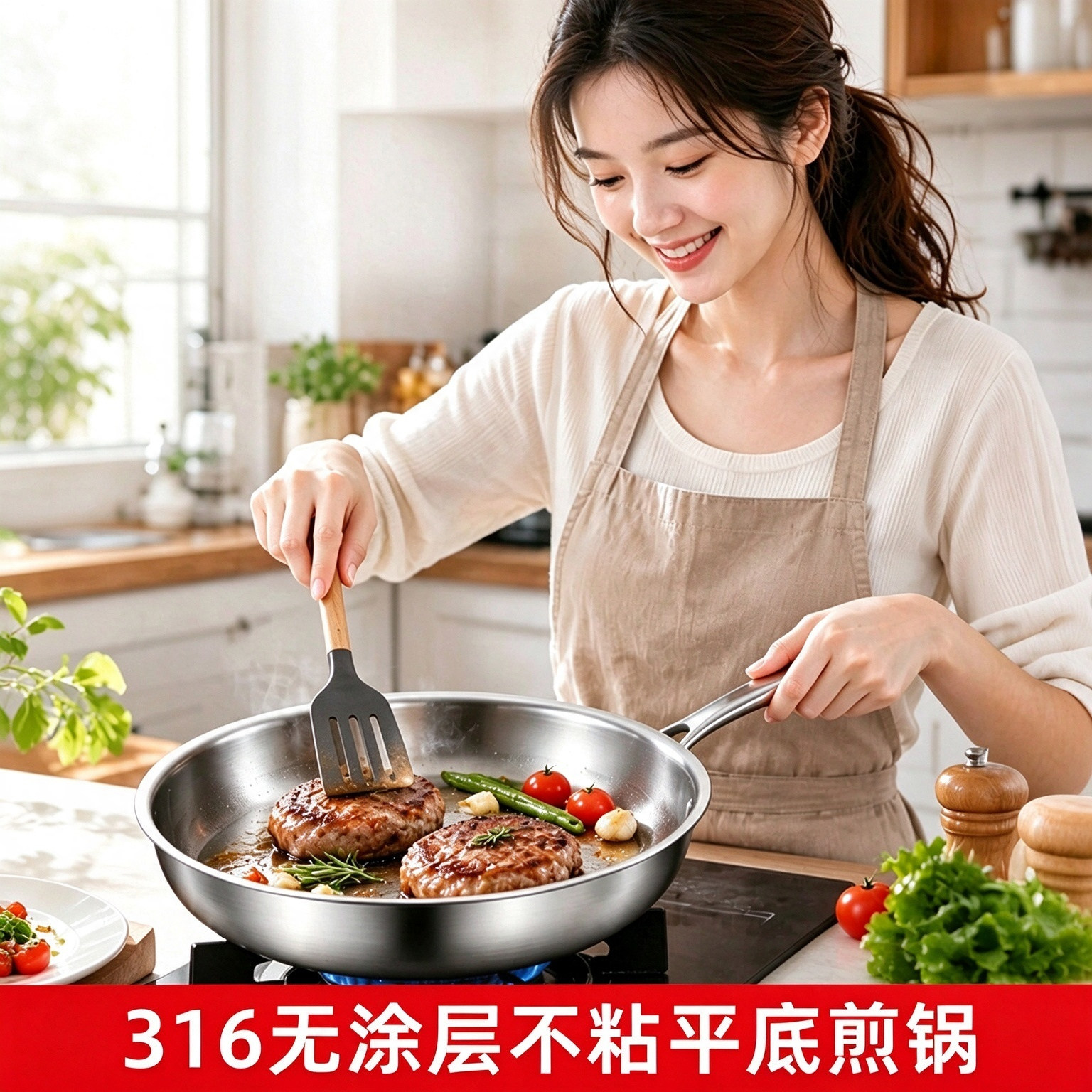 316L不锈钢平底锅牛排鸡蛋