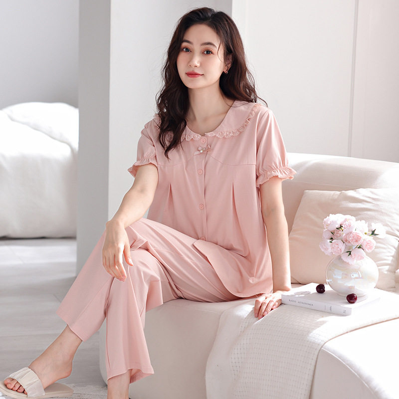 带胸垫睡衣女夏天凉感纯棉短袖长裤可外穿一体式防凹点家居服套装