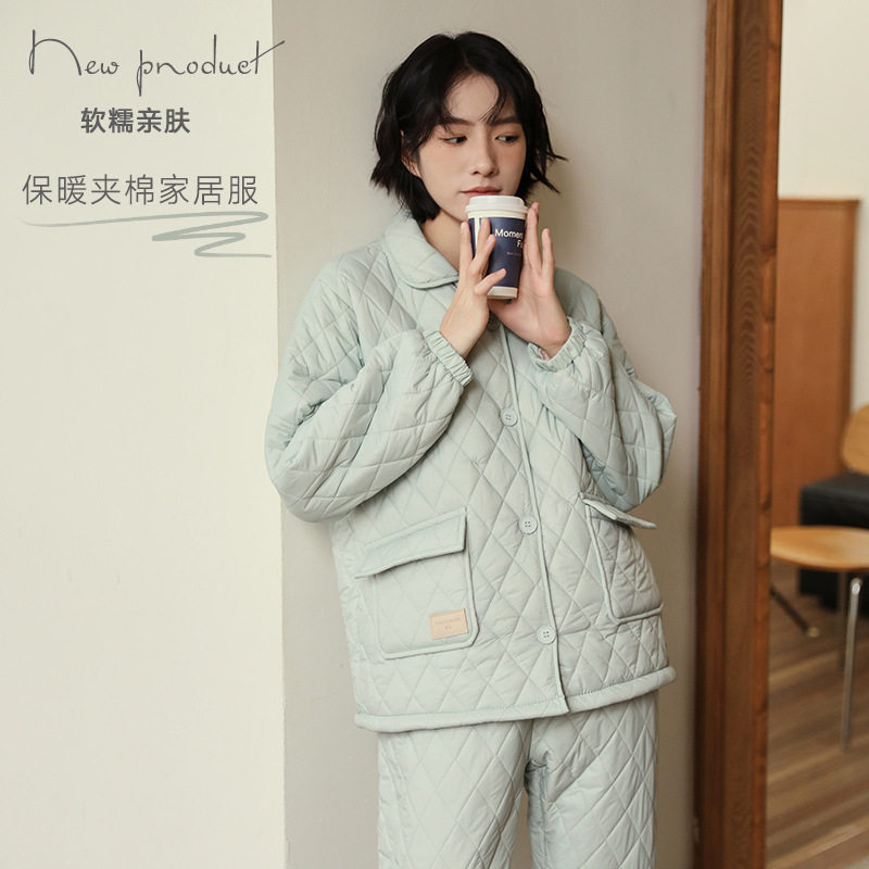 新品秋季纯棉夹棉家居服套装时尚洋气女款睡衣加绒加厚防寒保暖套
