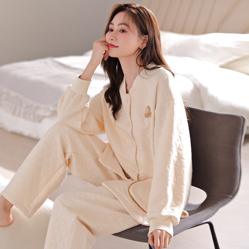 睡衣女春秋款加厚纯棉长袖冬季全棉薄款夹棉女款秋冬空气棉家居服