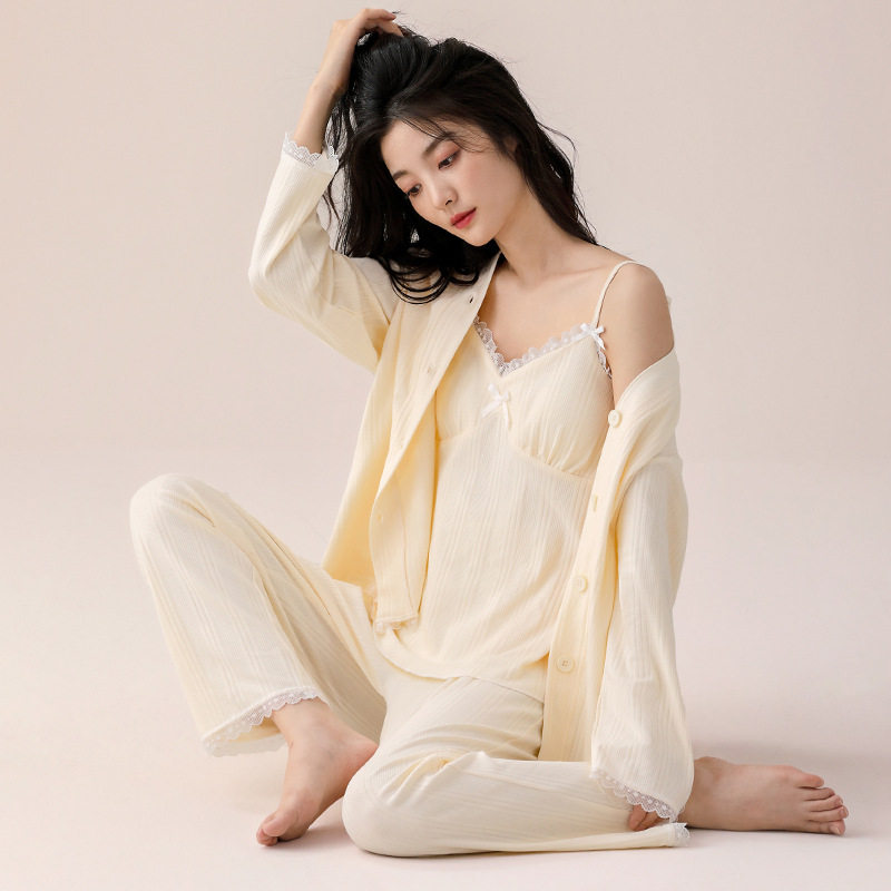 睡衣女春秋纯棉带胸垫吊带长袖三件套装秋季女款甜美公主风家居服