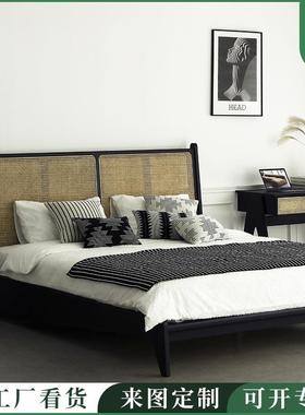 现代简约经典黑色BD158计卧室藤编白木框1.8m单双蜡人床1.5m人设