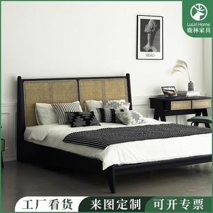 现代简约经典 黑色BD158计卧室藤编白木框1.8m单双蜡人床1.5m人设