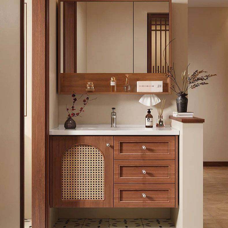 中古风藤编浴室柜陶瓷橡木一体岩板洗手实木洗脸洗漱法式复古简约
