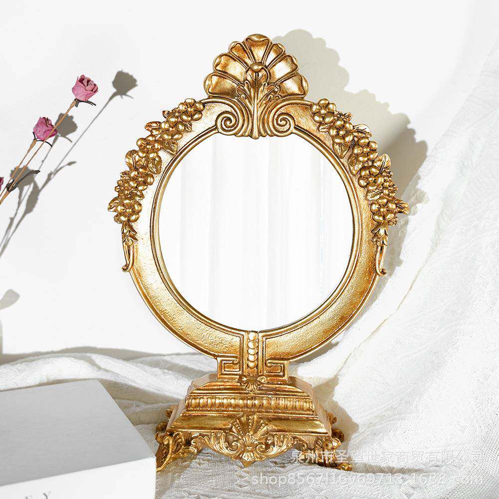 欧式复古宫廷风浮雕台梳HZJ式化妆妆镜妆桌镜雕花树脂摆件面装饰