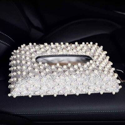 车载纸巾盒创意用镶钻抽纸高档时车珍珠镶钻尚个汽性盒车摆件装饰