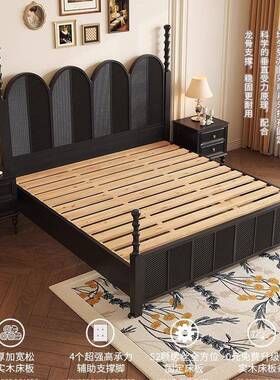 黑色轻奢美式双人床1.8米储物高1.5m雕66650花中古风法箱式木复古