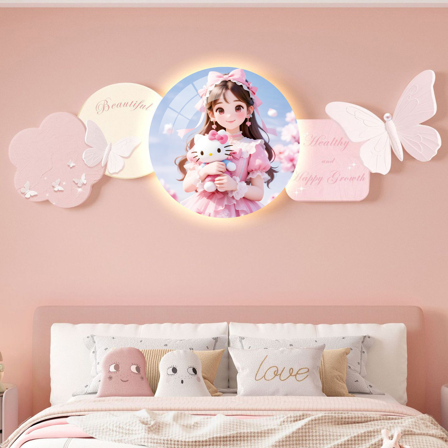 奶油风女孩房间卧室装饰画卡通灯画儿童房壁画蝴蝶床头带灯挂画图片