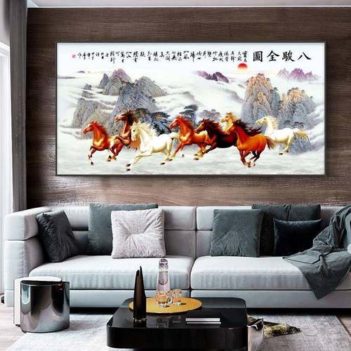 八骏图客沙厅装饰画新中式马到成功发景挂画办公室书KSF房背带框