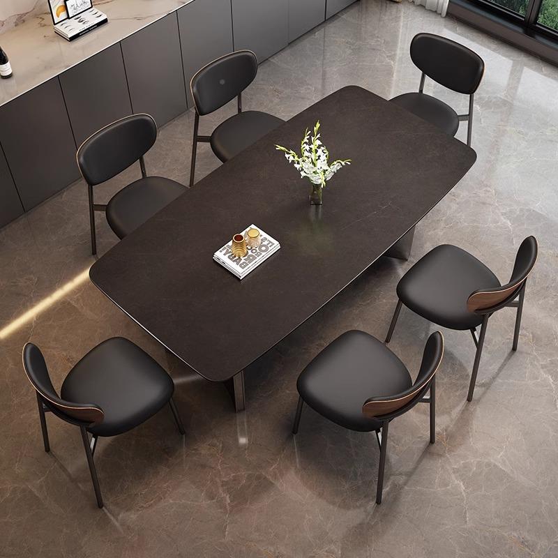 意式轻岩板餐现桌椅合家用代简XZI约小户型长方形复古黑奢色饭组