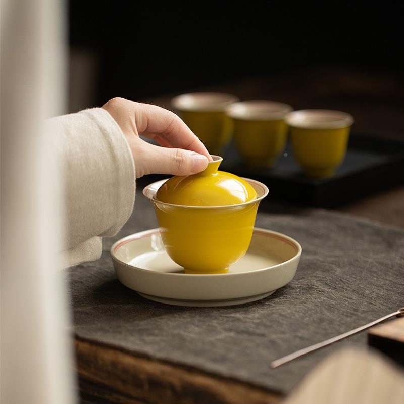 墨绘柠檬黄陶瓷盖碗手双线仿HYV泥主泡古完家用茶室黄色己泡茶碗