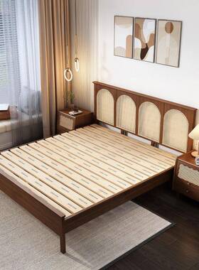 美式复风实TQM木藤式编床一古米双人床架次八卧室法1.5藤床民宿家