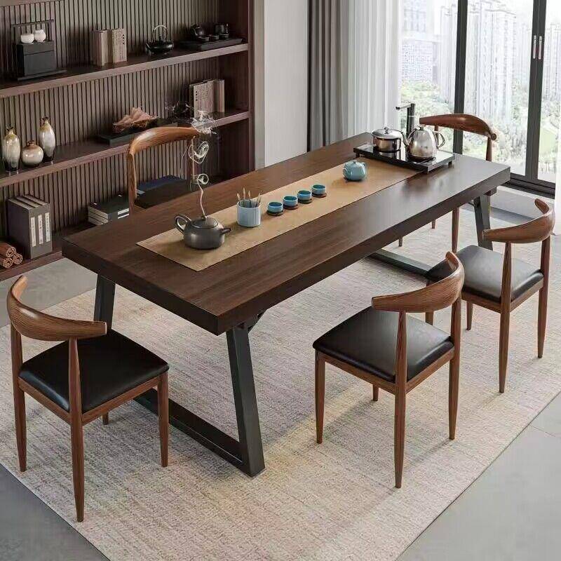 实木色茶桌组合一桌五椅喝桌新椅茶57080中式几商谈办公大板泡茶