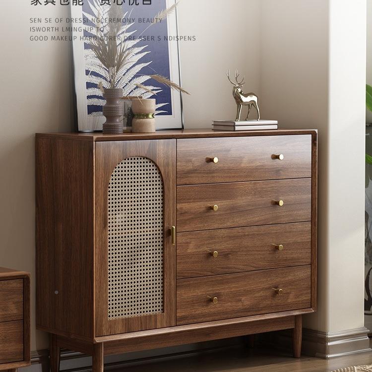 斗柜客厅收纳实柜柜小GOV立复古藤编室木腿置物柜卧靠墙中古风储