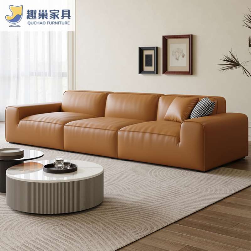 意式大黑牛沙发复古轻奢简约豆腐块沙发客厅小户型直排真皮沙发