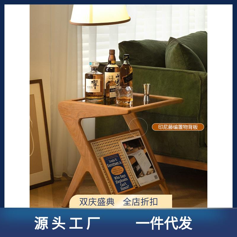 赫尔家具实木边几沙发可移动樱桃木日式家具藤编玻璃小桌子置物架