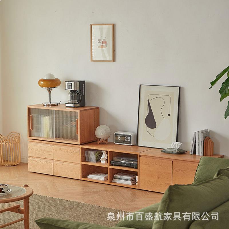 北欧实木地台电视柜客厅樱桃木落地地柜组合家用创意原木视听柜