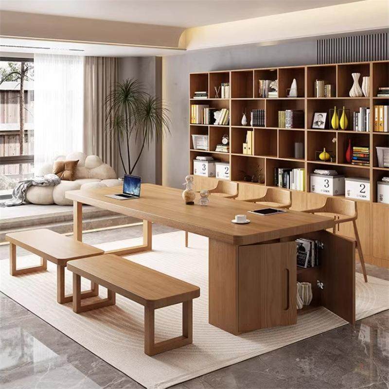 严选图书馆办公学习桌大桌子阅览室实木大书桌书柜一体收纳长条桌